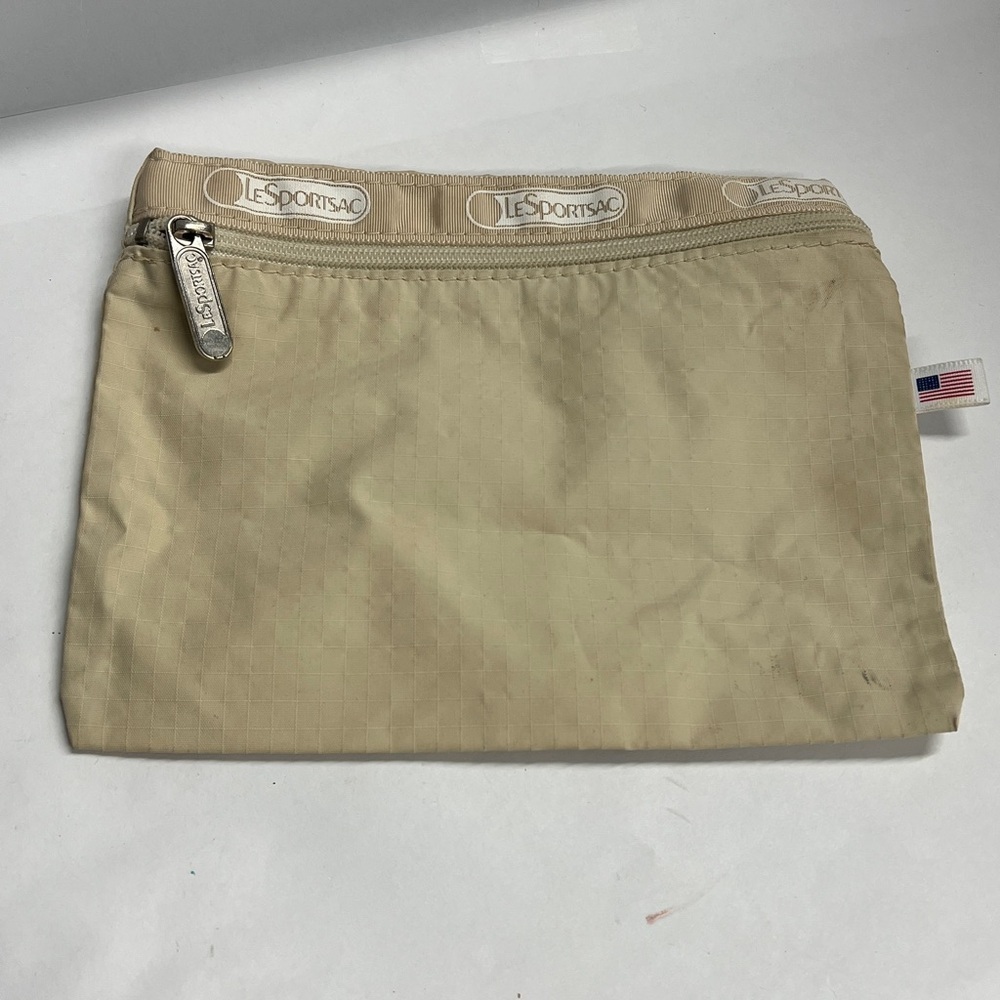 Vintage LeSportsac Bag Tan With White Logo Nylon Made In USA Zipper Pouch